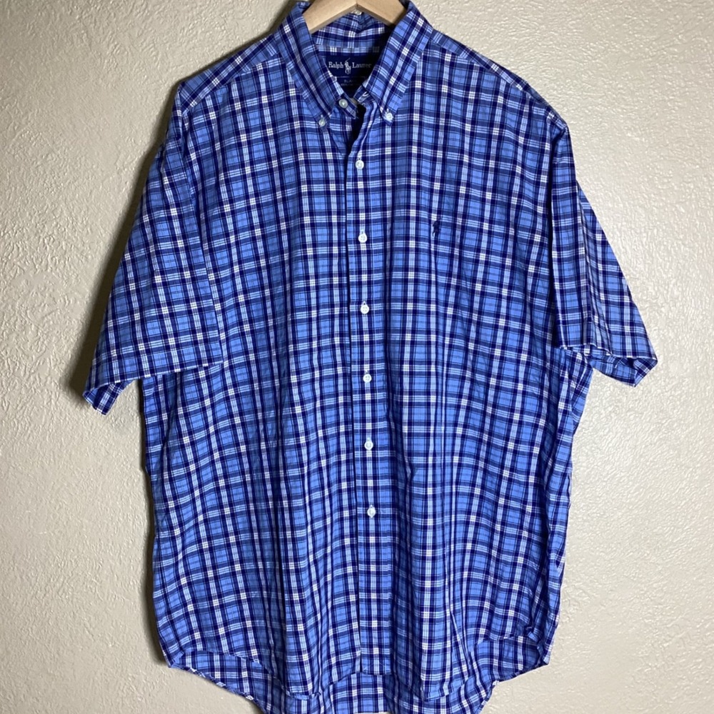 Vintage 90s Ralph Lauren Mens XL Blake Blue White Plaid Cotton SS Button Shirt